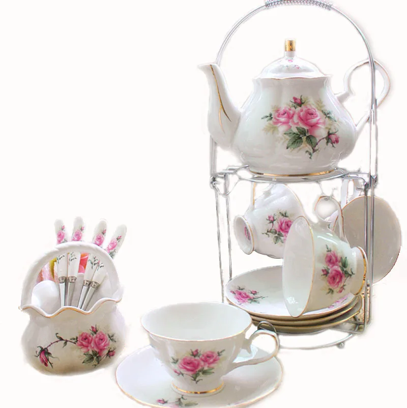 Servizio da caffè Eleganti fanquare 21 Pezzi Servizio da tè in Porcellana con Fiori Rosa Set Tazza da tè e Piattino 