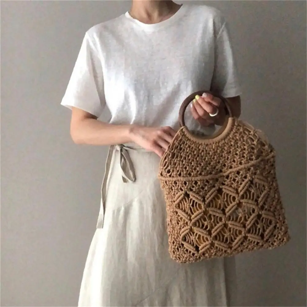 

Women Vintage Beach Mini Handbags Mesh Woven Hollow Rope Cotton Casual Travel Round Handle Small Totes Purse Storage Bag