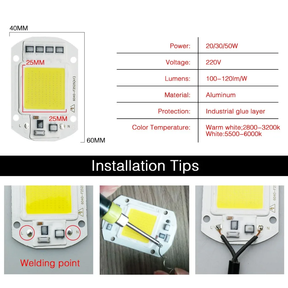 Acamm COB мощный прожектор AC 220 В 20 Вт 30 Вт 50 вт DIY для проекторов Светодиодный точечный светильник уличный яркий светильник