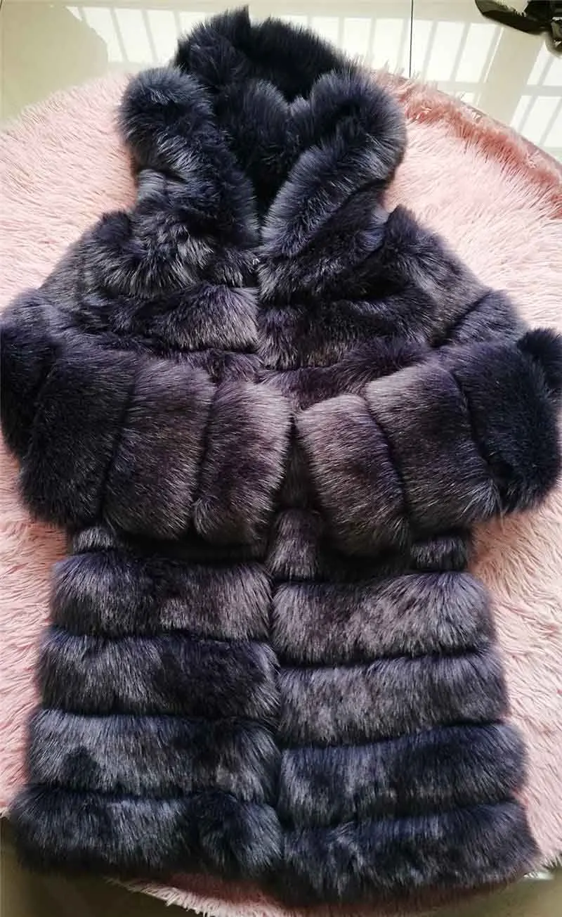 deep gray Роскошное длинное пальто из искусственного меха, вес 1,8 кг, повседневное плотное пальто с длинным рукавом из лисьего меха, плюшевое пальто, теплое пальто размера плюс 4xl, зимнее меховое пальто с капюшоном - Цвет: deep gray
