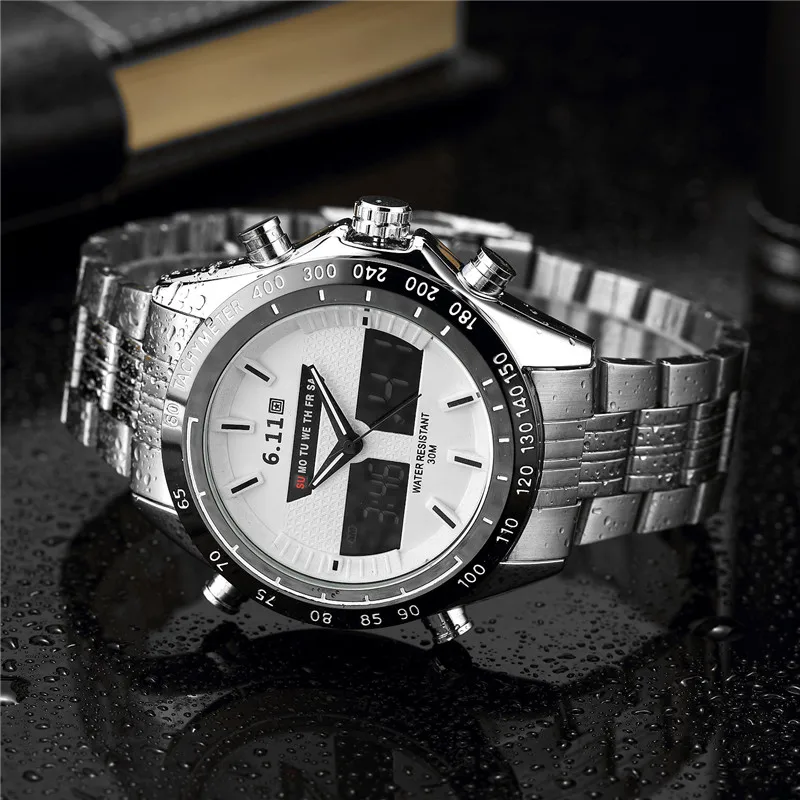 

6.11 New Digital Men Watches Stainless Steel Quartz Watch Men Dual Time Display Waterproof Sport Watches Army Relogio Masculino