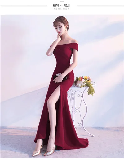 Простой элегантный Русалка вечернее платье с открытыми плечами пикантные высокий разрез дешевые длинное платье на выпускной вечерние платье Vestido Noche изумрудное платье длинные вечерние платья - Цвет: burgundy