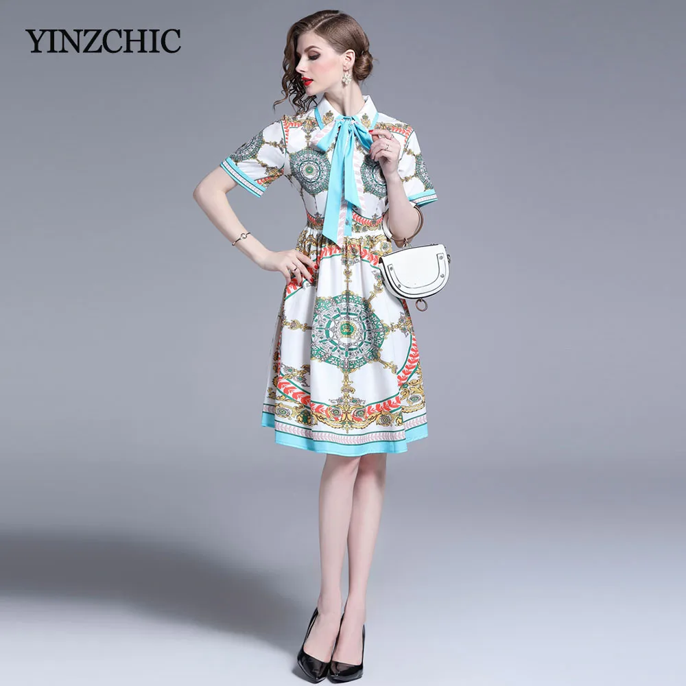 

Runway Woman Print Mid Dress Turn-down Collar Female Elegant Party Dresses Slim Knee-length Dress Woman OL Summer Dress