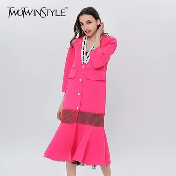 

TWOTWINSTYLE Hollow Out Windbreaker For Women V Neck Patchwork Single Breasted Midi Trumpet Trench Coats Spring Fashion Clothing