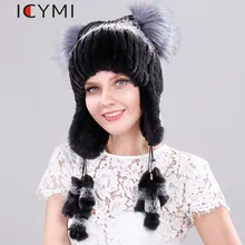 ICYMI, эластичные вязаные шапки из меха кролика Рекс, шапка ручной работы из натурального меха с ушками лисы, теплые женские зимние шапки из натурального меха