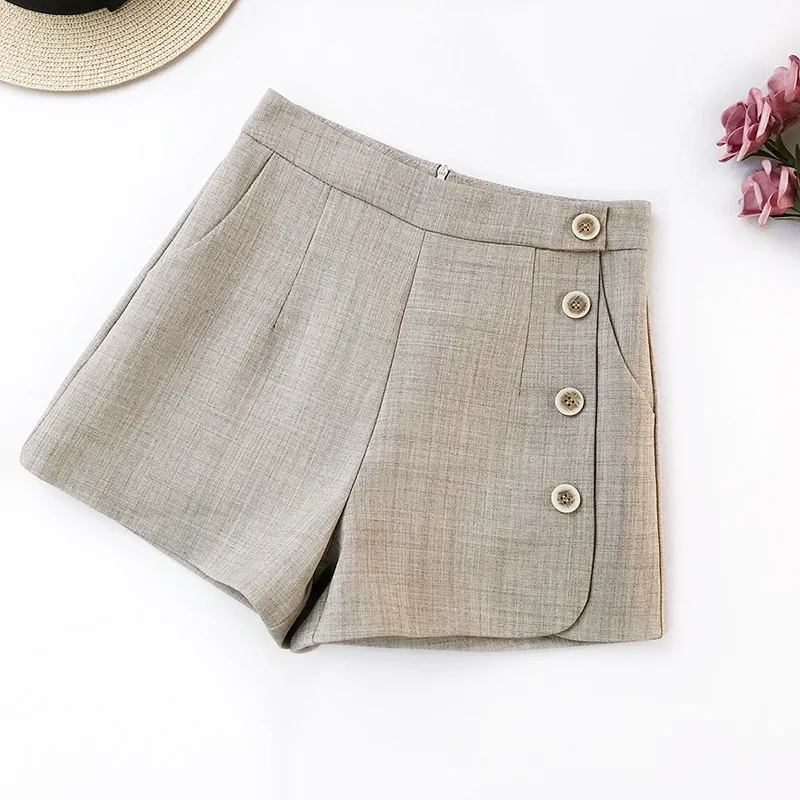 khaki Офисные шорты женские летние корейские модные шорты с высокой талией однобортные пуговицы Harajuku широкие шорты женские свободные - Цвет: khaki