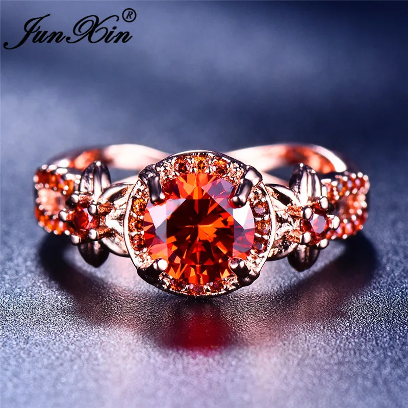 JUNXIN Charm Red Zircon Round Flower Star Rings For Women Rose Gold Filled July Birthstone Wedding Ring Female Turkish Jewelry
