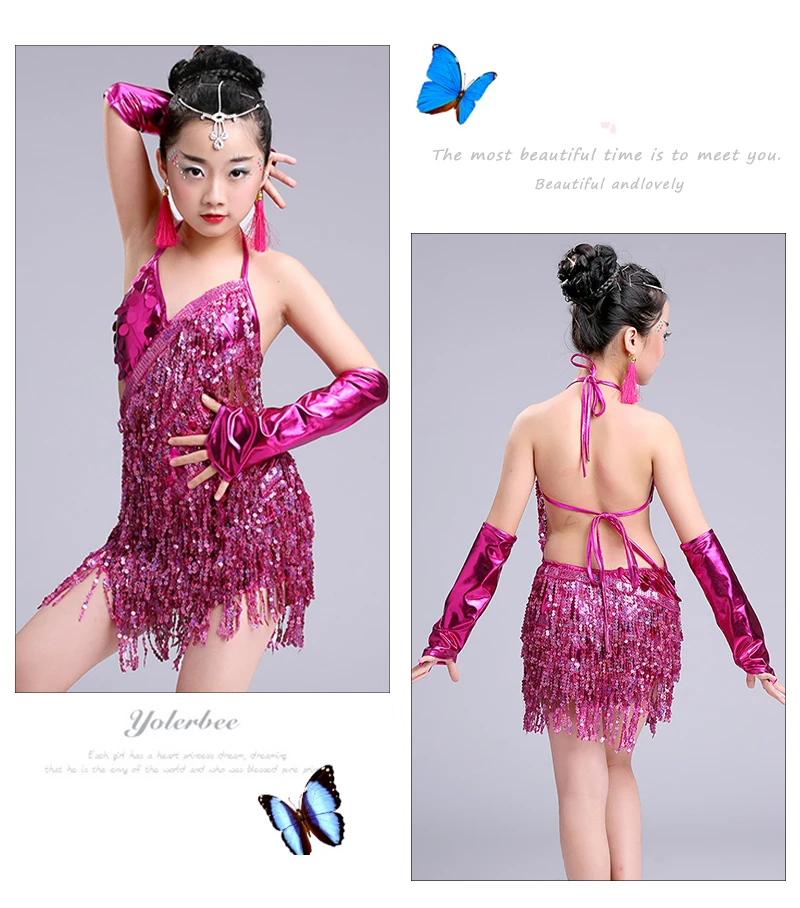 Детское профессиональное бальное платье с бахромой для латинских танцев, платья для бальных танцев для девочек, красные детские платья с бахромой и блестками