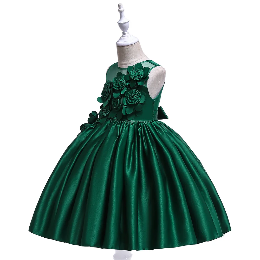 Green Flower Girl Dress Green Ribbon Bow Crew Neck Mesh Ball Gowns Kids
