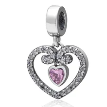 Pink Cubic Zirconia Colgante de Corazón Auténtico 925 Granos de la plata esterlina Encantos Fit Pandora Pulseras Del Encanto de Joyería de Moda