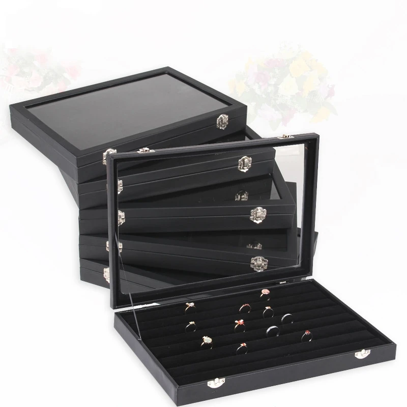 

TONVIC Black Leatherette Jewelry Display Box Ring Bracelet Eearring Necklace Beads Storage Compartments Tray With Glass Lid