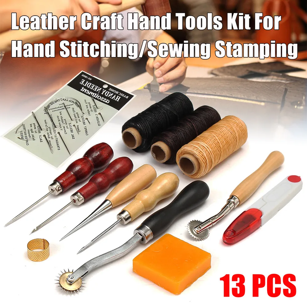 Professional 13 Pcs a set Leather Craft Tools Kit Hand Sewing Stitching Punch Carving Work