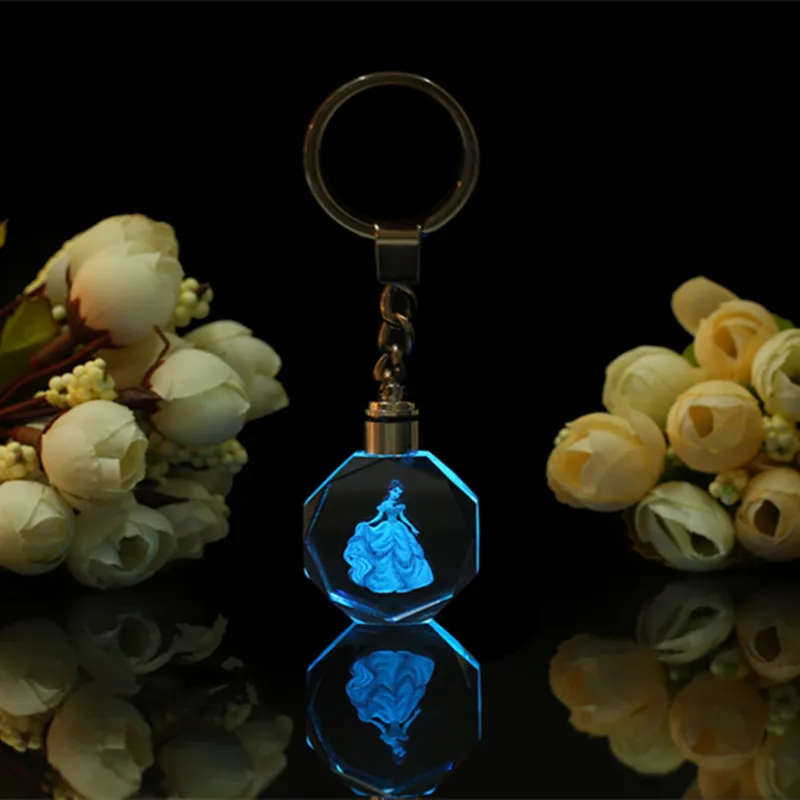 

Cartoon Cute Princess LED Colorful Light Crystal Frozener Octagonal Key Chain style Anime Keychain Illuminated Keyring K-076