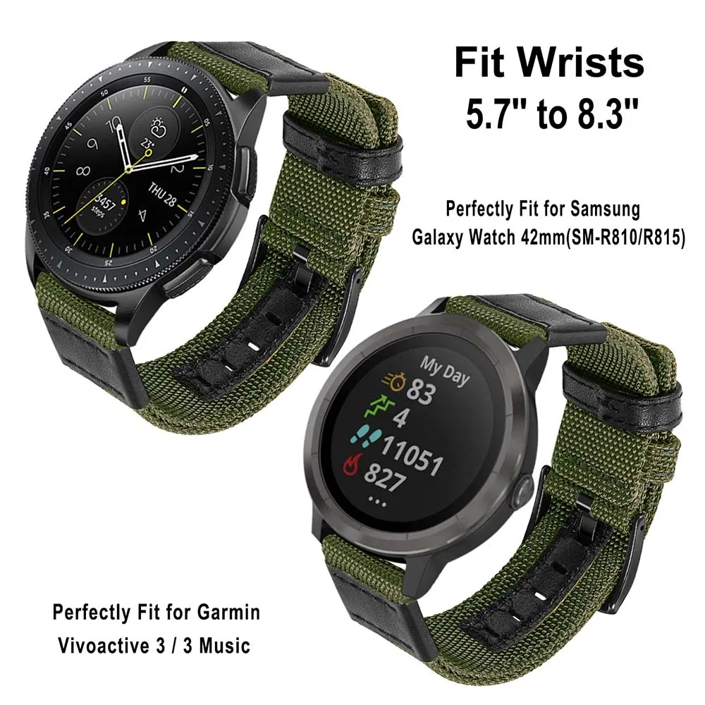 Ремешок из нейлона и натуральной кожи для Samsung Galaxy Watch 42 мм Gear Sport Garmin Vivoactive