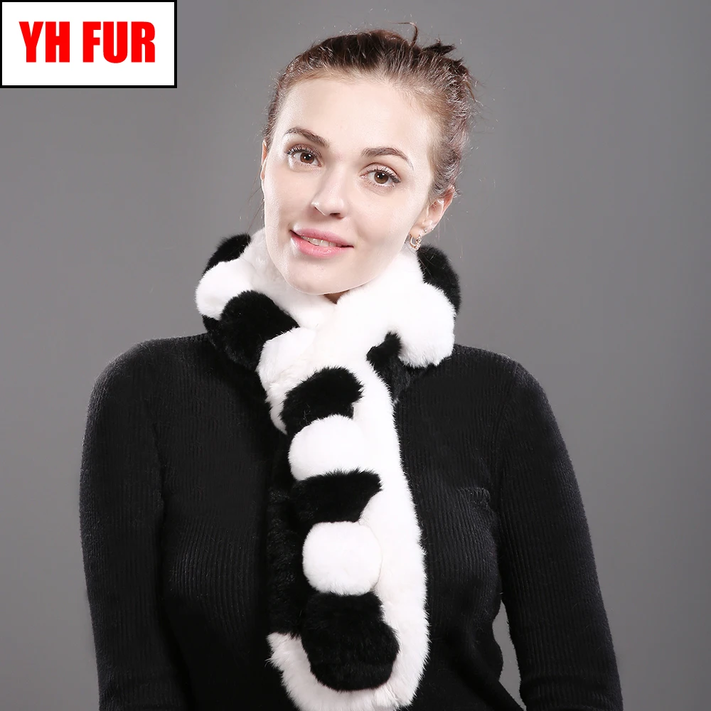 

Women Real Rex Rabbit Fur Scarf Winter Warm Natural Rex Rabbit Fur Neckerchief Fashion Russian Pompoms Genuine Fur R Scarves