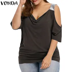 VONDA плюс Размеры Для женщин с открытыми плечами футболки 2019 лето-осень Сексуальная V шеи Блузки с открытыми плечами пэчворк, кэжуал