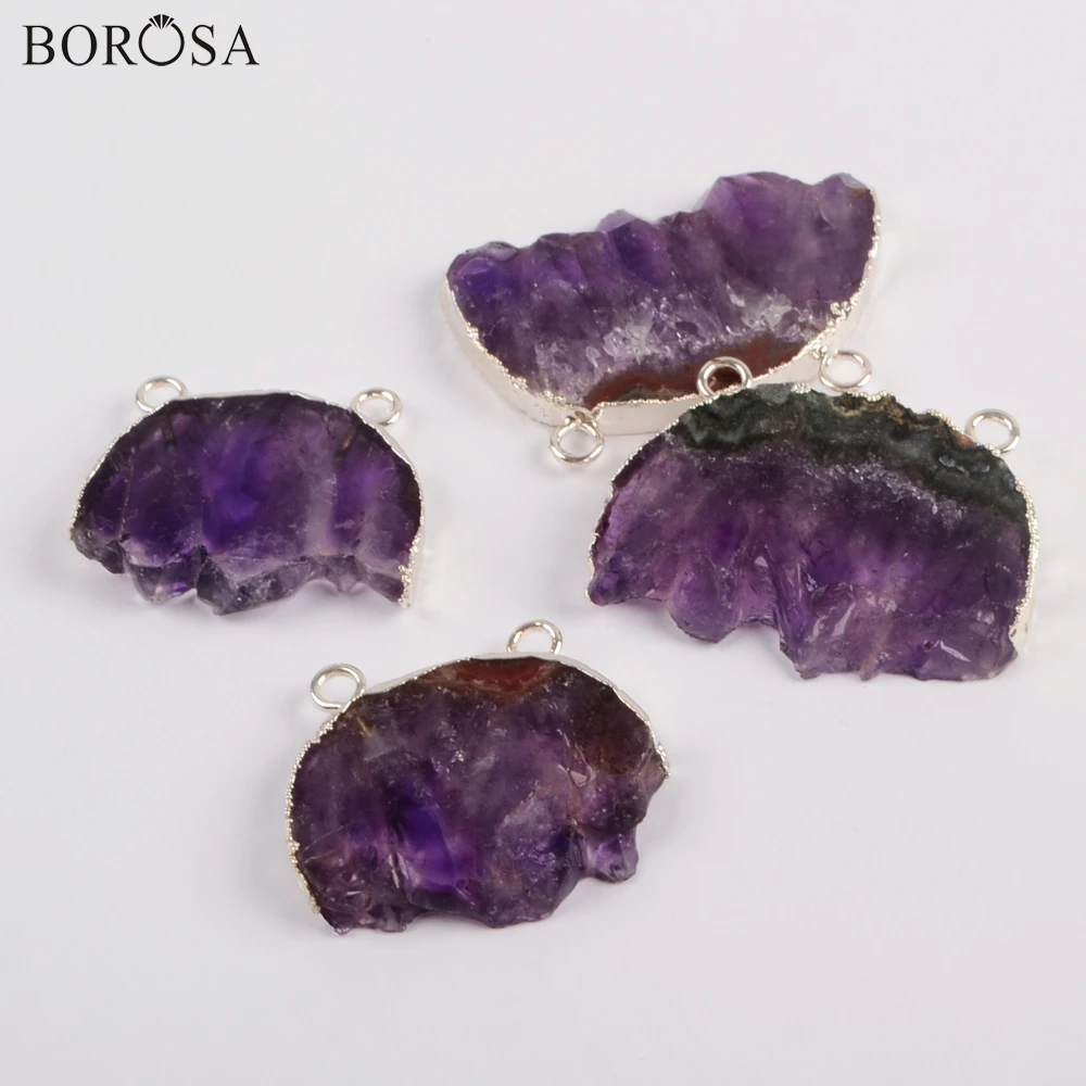 BOROSA 5/10PCS Silver Color Natural Amethysts Slice Connectors Purple Crystal Drusy Pendants for Necklace Women Jewelry S1831 | Украшения и