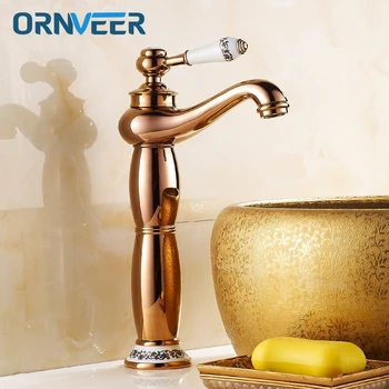 

Free Shipping Deck Mounted Gold Plated Tall Bathroom Faucet Ceramic Handle Ceramic Holder Rose Gold Basin Sink Mixer Tap RG-003