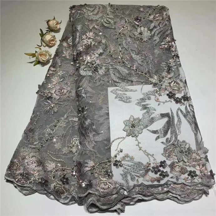 

2019 New style French net lace fabric 3D flower African tulle mesh lace fabric high quality nigerian lace fabrics gray(TS-4-19