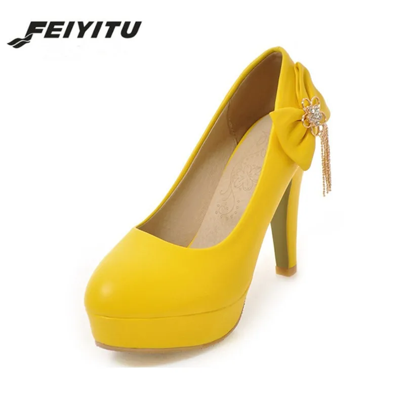 

Feiyitu White Yellow High Heel Wedding Shoes Woman Big Size Butterfly-knot Summer Spring Party Pumps Platform High Heels 2018