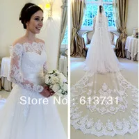 2014 New Arrival Vestidos De Noivas Off The Shoulder Long Sleeves Lace Wedding Dresses With Long veils Free Shipping BO1900