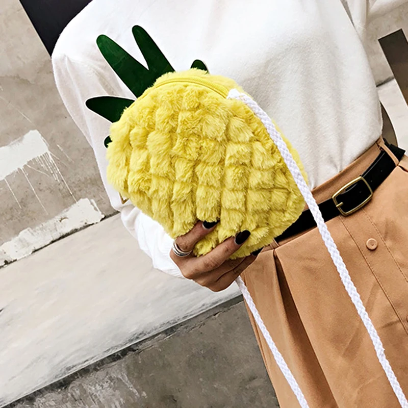 Fauxe Fur Crossbody Bag Fresh Pineapple Shape Messenger Shoulder For Female Hand Bags Fruit Handbags purse for girls | Багаж и сумки