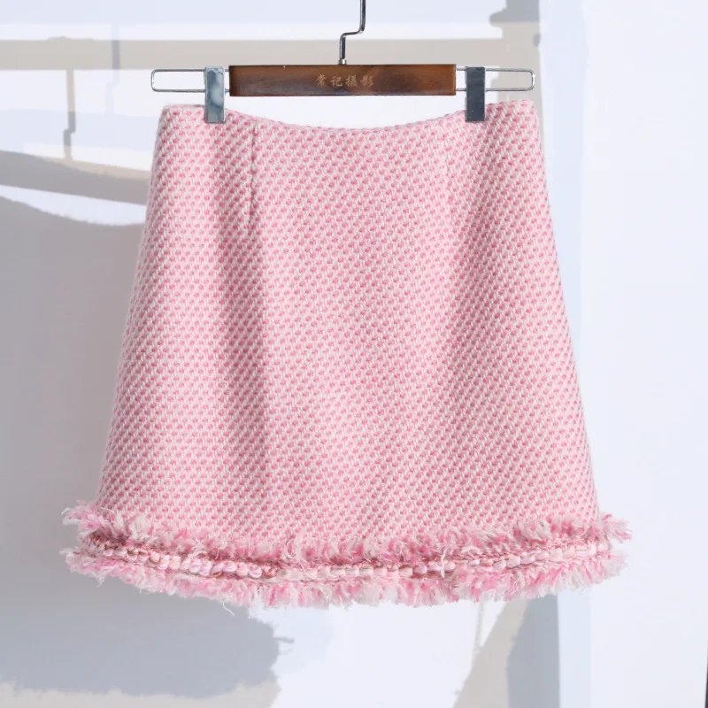 LXUNYI Pink Two Piece Set Women Tweed Skirt Suit Slim Jacket And Skirt High Quality Tassel Woolen Skirts Suits Female Elegant