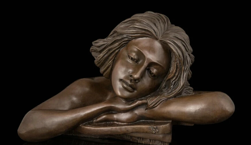 

Art Deco Sculpture Lovey Girl Head On Arms Meditation Bronze Statue Signed R0712