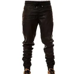 Aleirmires Для мужчин Искусственная кожа Jogger брюки на молнии брючины и карманы Новый 2018 хип-хоп Для мужчин s PU бегунов шнурок талии