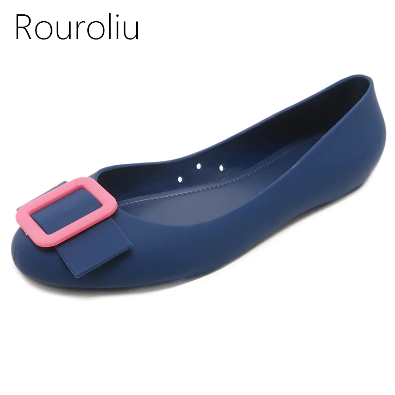 

Rouroliu Women New Fashion Buckle Shallow Flats Comfortable Waterproof Beach Shoes Summer Jelly Shoes Sandals Woman RB185