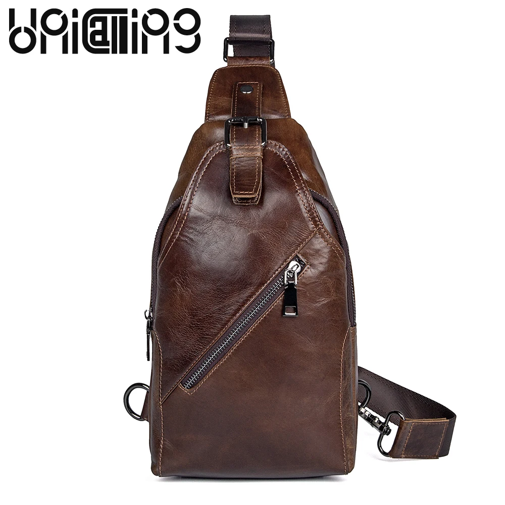 

UniCalling Retro Genuine Leather men chest Bag Leisure cow leather men bag Zipper hasp Solid Color men messenger bags