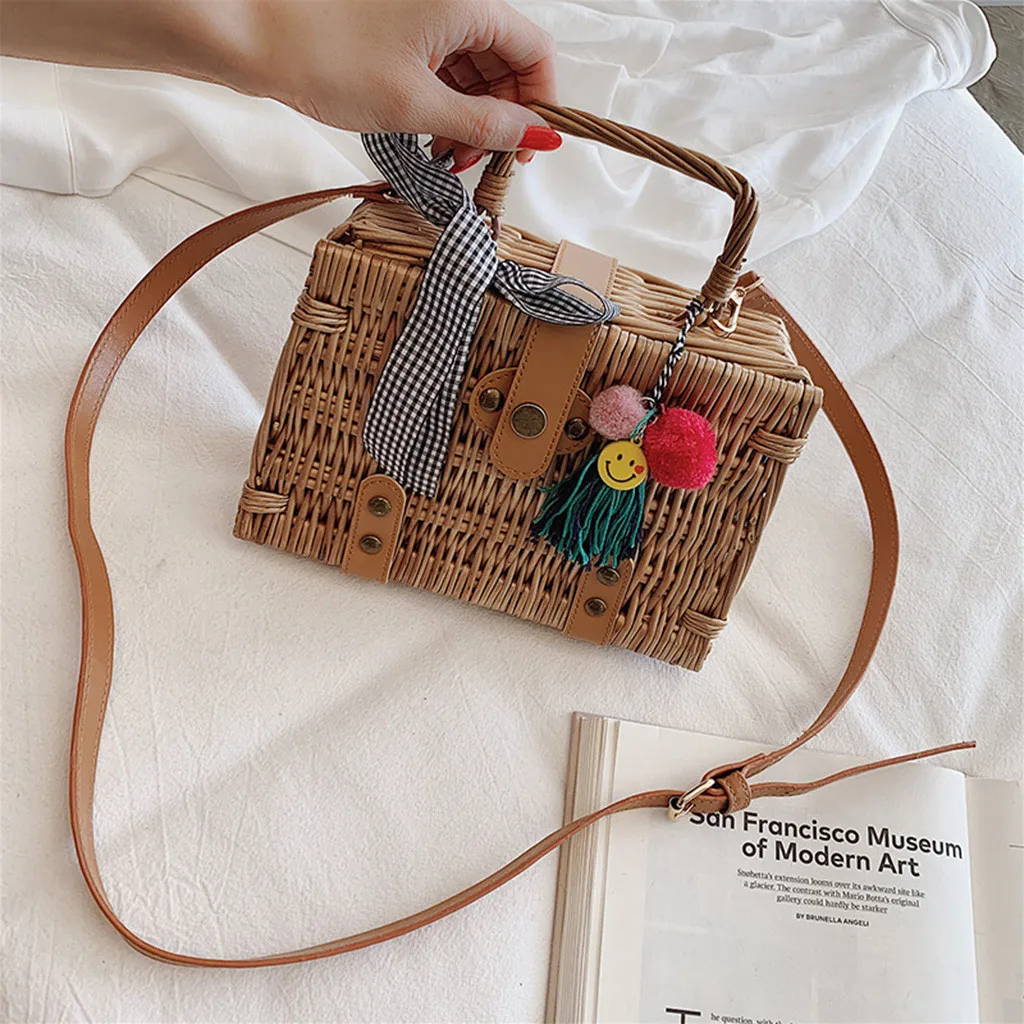Пляжная сумка для телефона с замком через плечо женская пляжная сумка с кисточками улыбка бамбуковая корзина сумка-мешок квадратная сумка-мессенджер сумка 513