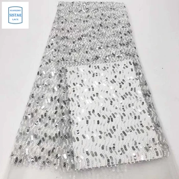 

2019 Latest African Embroidery Tulle Lace Fabrics High Quality Sequins French Milk Silk Lace Fabric For Party Dress ST1851