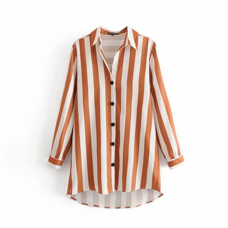 Women yellow Striped Print Fashion Long Blouse Autumn Casual Loose Turn ...