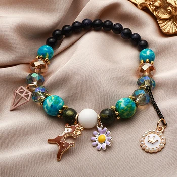 

Natural Stone Beads Bracelets High Quality Crystal Resin Round Beads Elasticity Rope Spotted Deer Bracelets for women Jewelr
