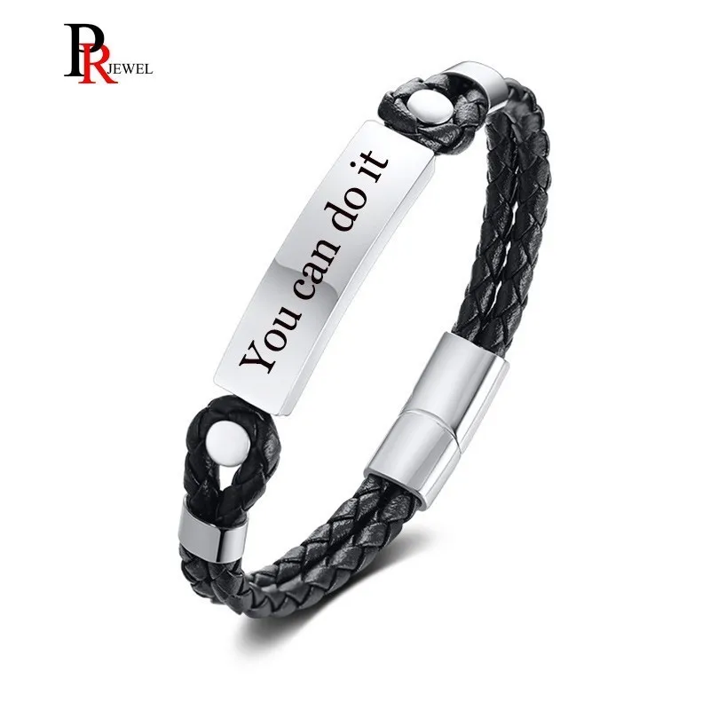 

Genuine Leather Identification Bracelets for Men Double Layer Braided Personalized Stainless Steel ID Tag Male Birthday Gift