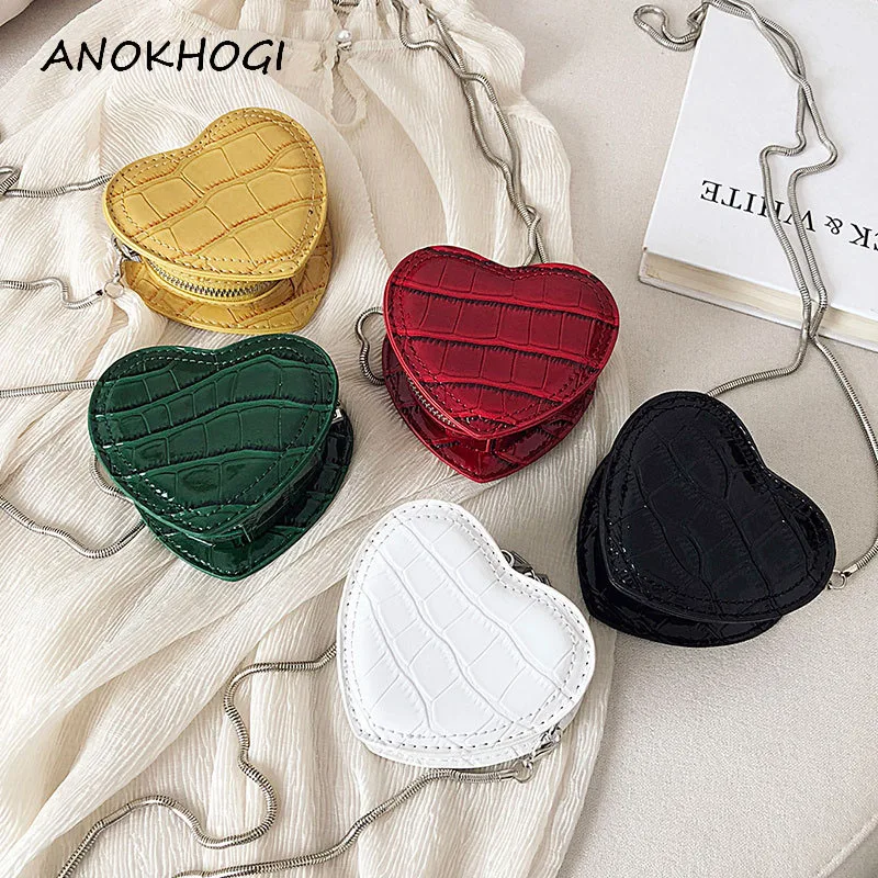 

Candy Color Heart Shape Women Mini Shoulder Bag Metal Chain Money Small Zipper Crossbody Bags Leather Handbag B405