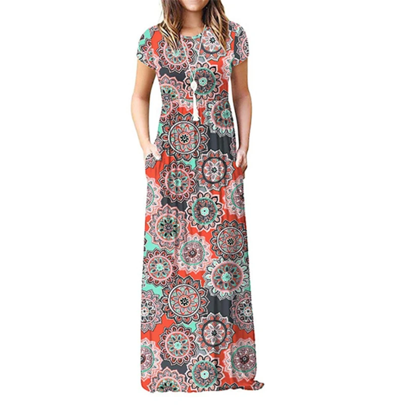 

Vintage Floral Print Boho Dresses Women Casual Maxi Long Beach Summer Dress Vestidos Short Sleeve Cotton Blend Retro Long Dress