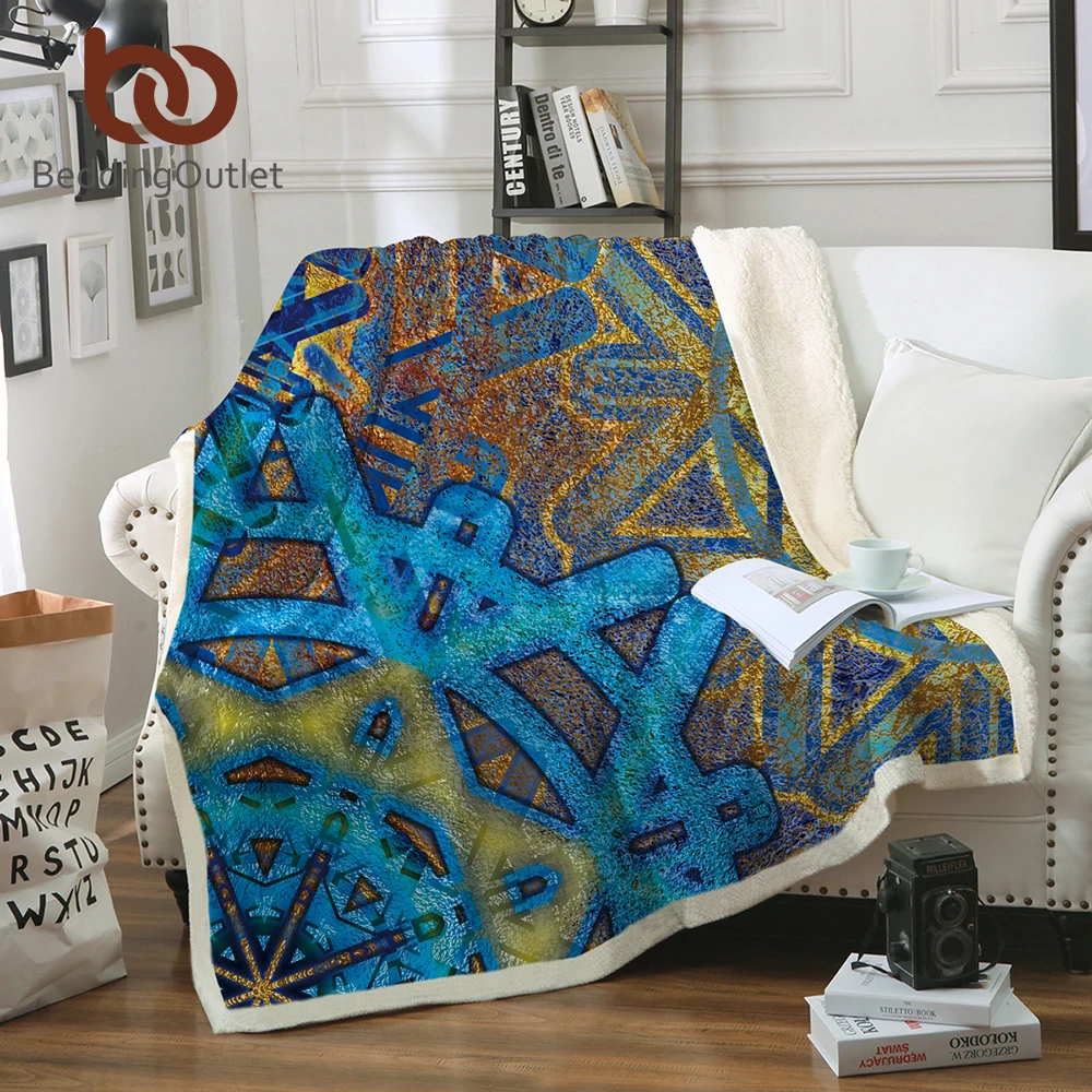 

BeddingOutlet Snowflake Throw Blanket Mandala Flower Bedspread Blue Yellow Vintage Sherpa Plush Bed Blanket 150x200cm Bedding