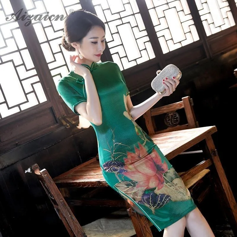 Cheongsam модерано тонкий Fit vestido Qipao Чино 2019 vestido de seda chino tradicional vestidos Винтаж Верде Восточный Qi Pao