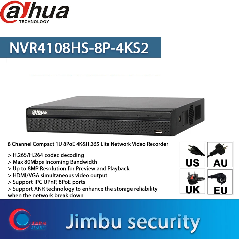  Grabadora de vídeo Dahua NVR 4K Puerto 8POE NVR4108HS-8P-4KS2 de resolución de hasta 8MP y 1 puerto