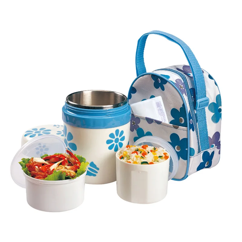 Blue Flower Insulation Lunch Boxes Thermal Thermos Bottle Bento Lunch