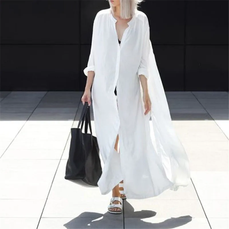 Повседневное спереди открытые длинные летнее пляжное платье белая хлопковая Туника женская пляжная одежда свободный купальный костюм накидка Sarong plage N737