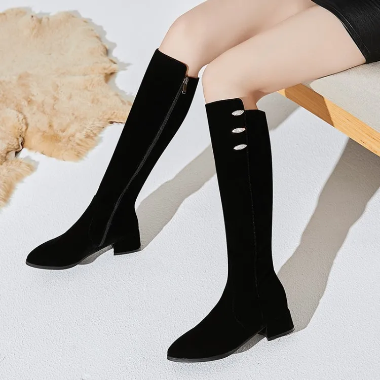 

Big Size 9 10 11 12 Pure-coloured thick-heeled water drill with pointed suede for decorative zipper boots