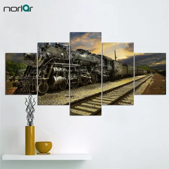 

5 Panels Wall Art Canvas Paintings A Car And Train With Gray Smoke Steam Trains In Progress Wall Decor for Living Room Frameless