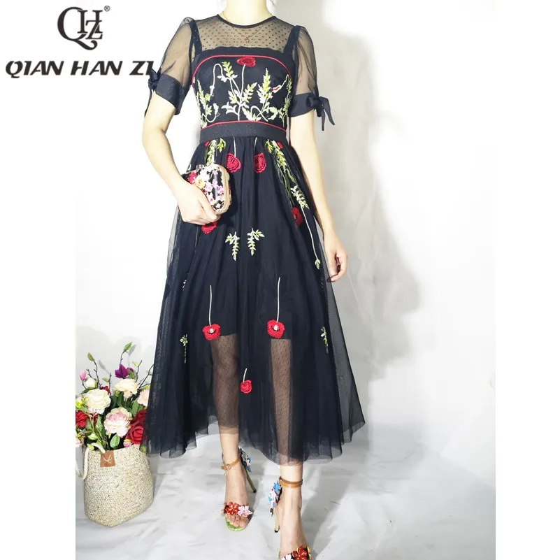 

Qian Han Zi 2019 new Summer designer runway Maxi dress Women's Short Sleeve Vintage Slim Black Party Mesh Embroidered long Dress