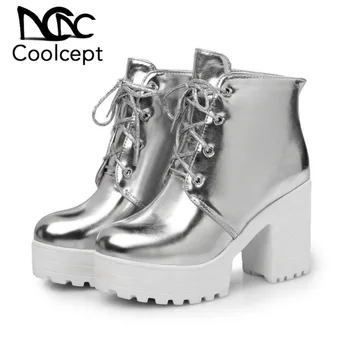 

Coolcept Women Ankle Boots Gold Silver Platform Shoes Women Fall Winter Lace Up Fashion Warm Office Footwear Plus Size 33-44