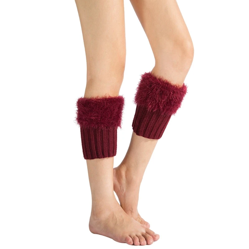 KLV Women Winter Warm Faux Fur Short Leg Warmer Crochet Knitted Boot Cuff Socks - Цвет: Wine red