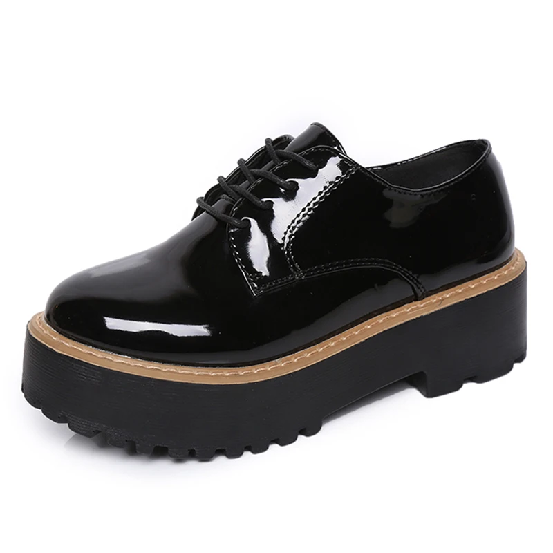 

2016 British Style Women Oxfords Shoes Spring Autumn Lace-Up Solid Flats Round Toe Creepers Casual Ladies Platform Shoes Woman