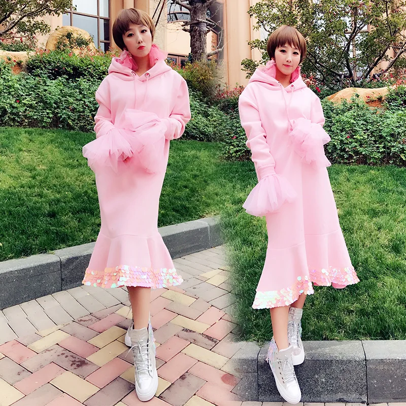 

2018 early spring new fashion women early spring sequins hooded mesh flare sleee sweatshirt-dress one pieces trumpet mermais